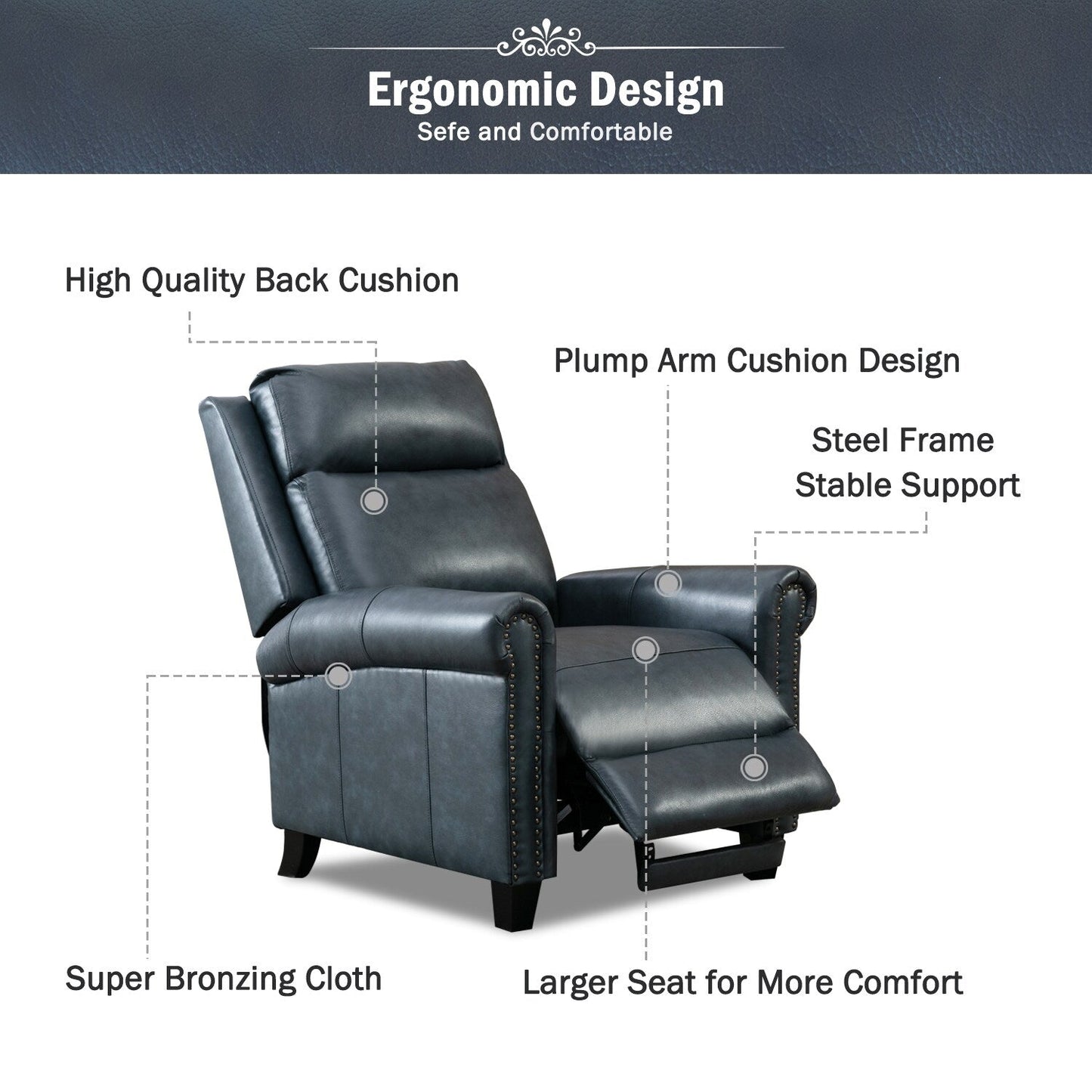 Genuine Leather Push Back Recliner Chair with Comfortable Arms and Back