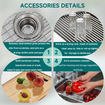 CB HOME 32'' Undermount Gold Kitchen Sink, Drop in Black/Stainless Steel Kitchen Sink, Single Bowl Kitchen Sink with Accessories