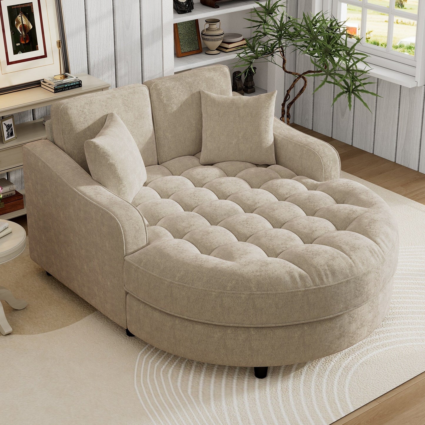 Chenille Chaise Lounge Sofa Bed, Upholstered Sofa Couch with Tufted Backrest and 2 Detachable Pillows for Living Room