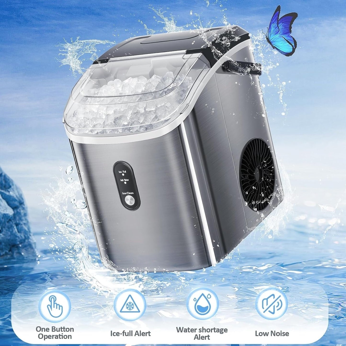Nugget Ice Portable Countertop Ice Maker with Mechanical Buttons, Equipped with Ice Basket and Ice Scoop, Stainless Steel