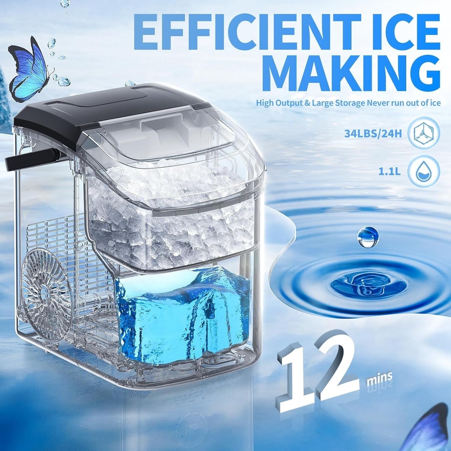 Nugget Ice Portable Countertop Ice Maker with Mechanical Buttons, Equipped with Ice Basket and Ice Scoop, Stainless Steel