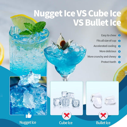 Nugget Ice Portable Countertop Ice Maker with Mechanical Buttons, Equipped with Ice Basket and Ice Scoop, Stainless Steel