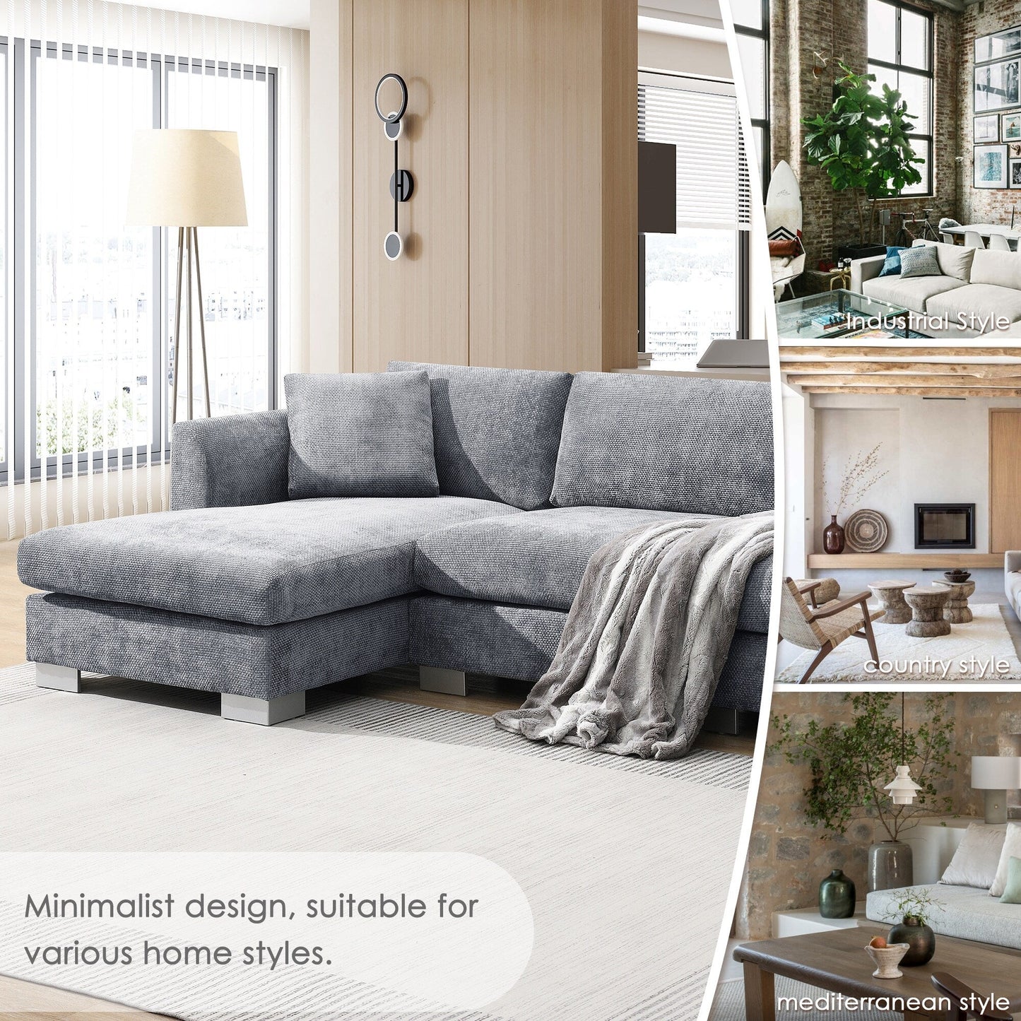 Cloud Sectional Sofa,L-Shaped Luxury Couch Set With 2 Free Pillows,4-Seat Chenille Indoor Furniture With Oversized Chaise