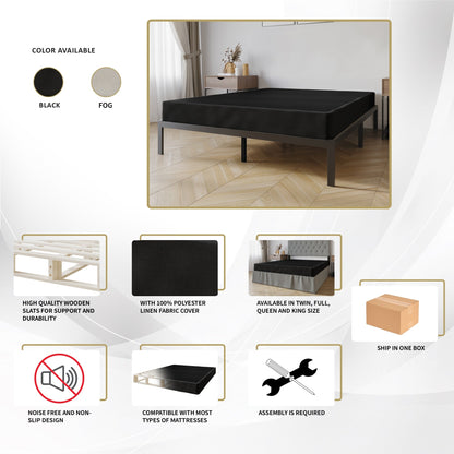 CraftPorch Solid Wood 5-Inch Box Spring Foundation with Wood Slats with Warm Grey Linen Cover