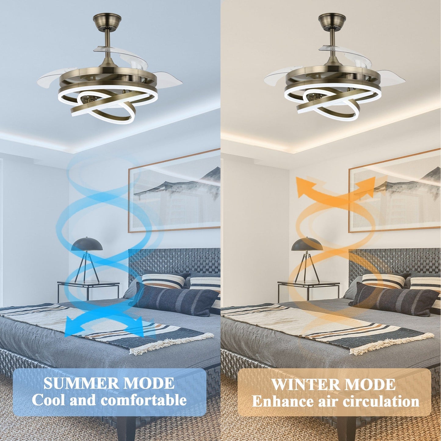 Cusp Barn 42 Retractable Ceiling Fan with Lights and Remote DIY Shape Fandelier Modern Silent DC Motor LED Ceiling Light