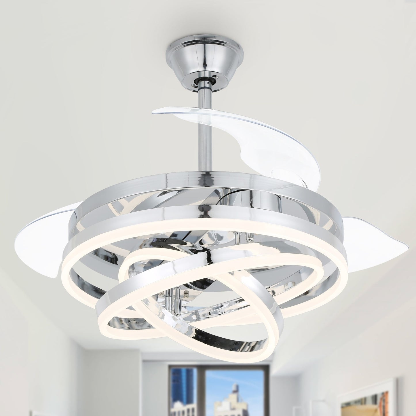 Cusp Barn 42 Retractable Ceiling Fan with Lights and Remote DIY Shape Fandelier Modern Silent DC Motor LED Ceiling Light