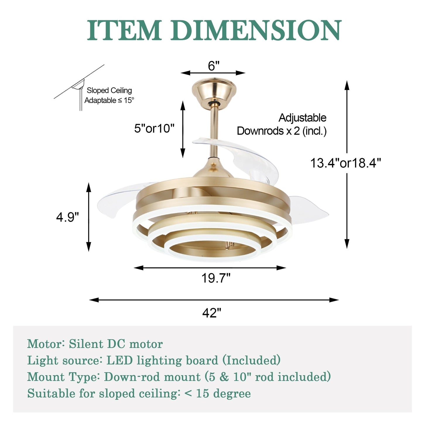 Cusp Barn 42 Retractable Ceiling Fan with Lights and Remote DIY Shape Fandelier Modern Silent DC Motor LED Ceiling Light