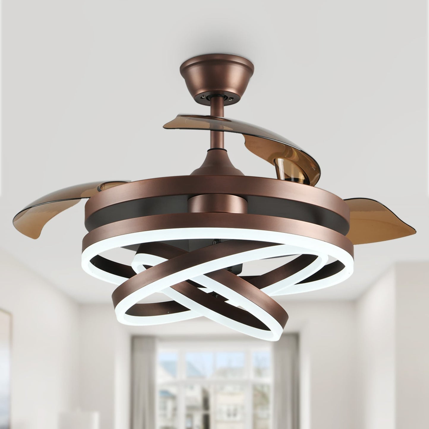 Cusp Barn 42 Retractable Ceiling Fan with Lights and Remote DIY Shape Fandelier Modern Silent DC Motor LED Ceiling Light