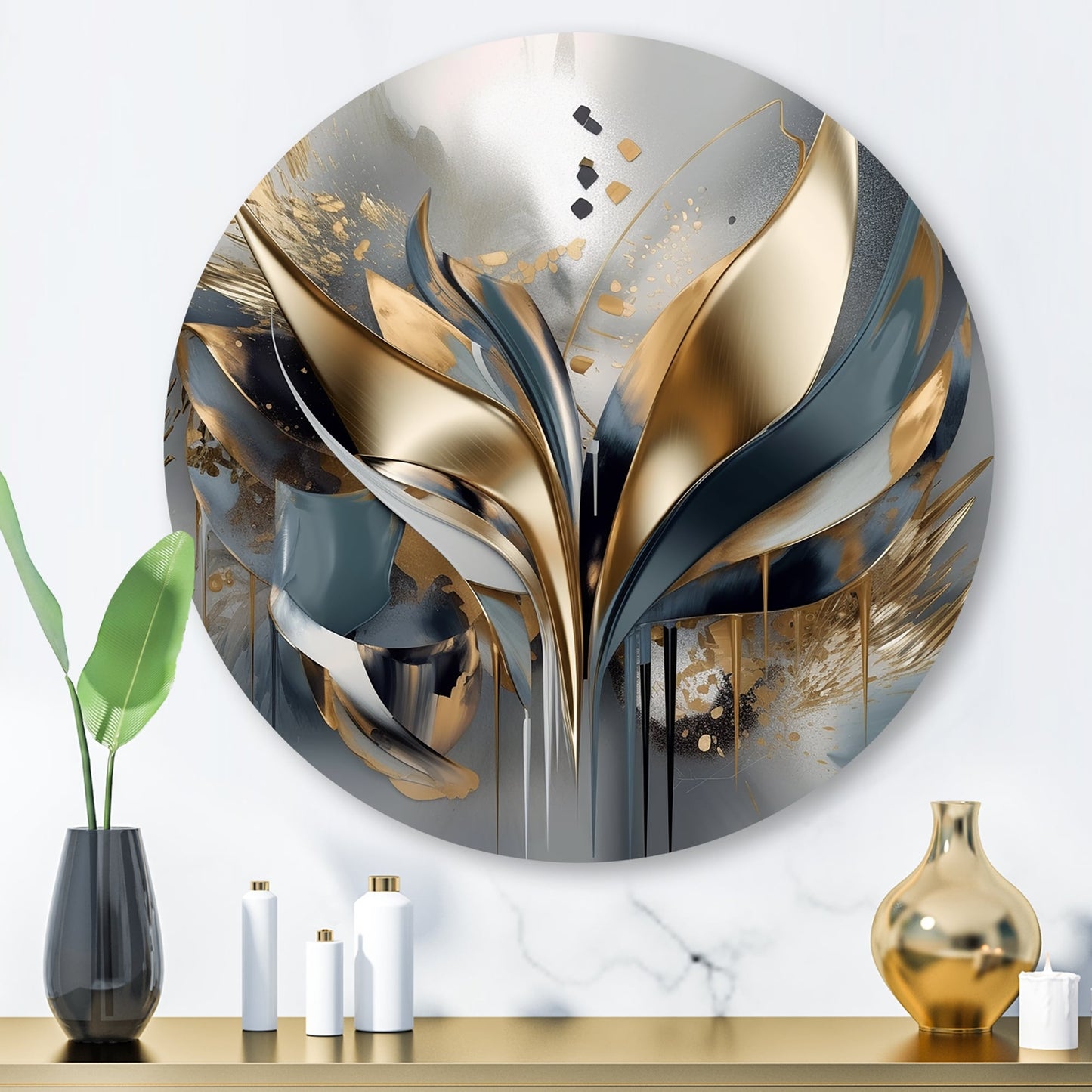 Designart Abstract Shapes And Lines IV Abstract Marble Metal Round Wall Art