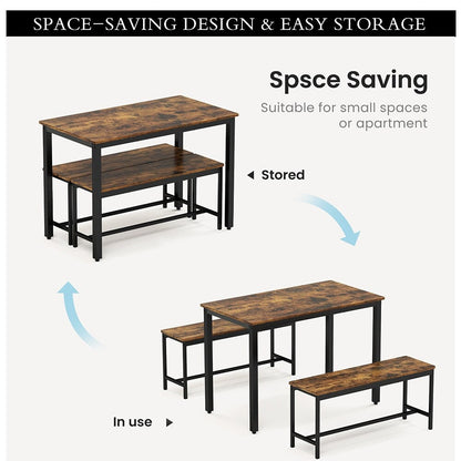 Dining Table Set, Wood Bar Table Set, Kitchen Table w/2 Benches - 3-Piece