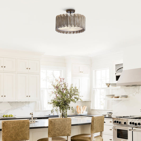 Distressed White 3-Light Wood Drum Semi-Flush Mount Ceiling Light