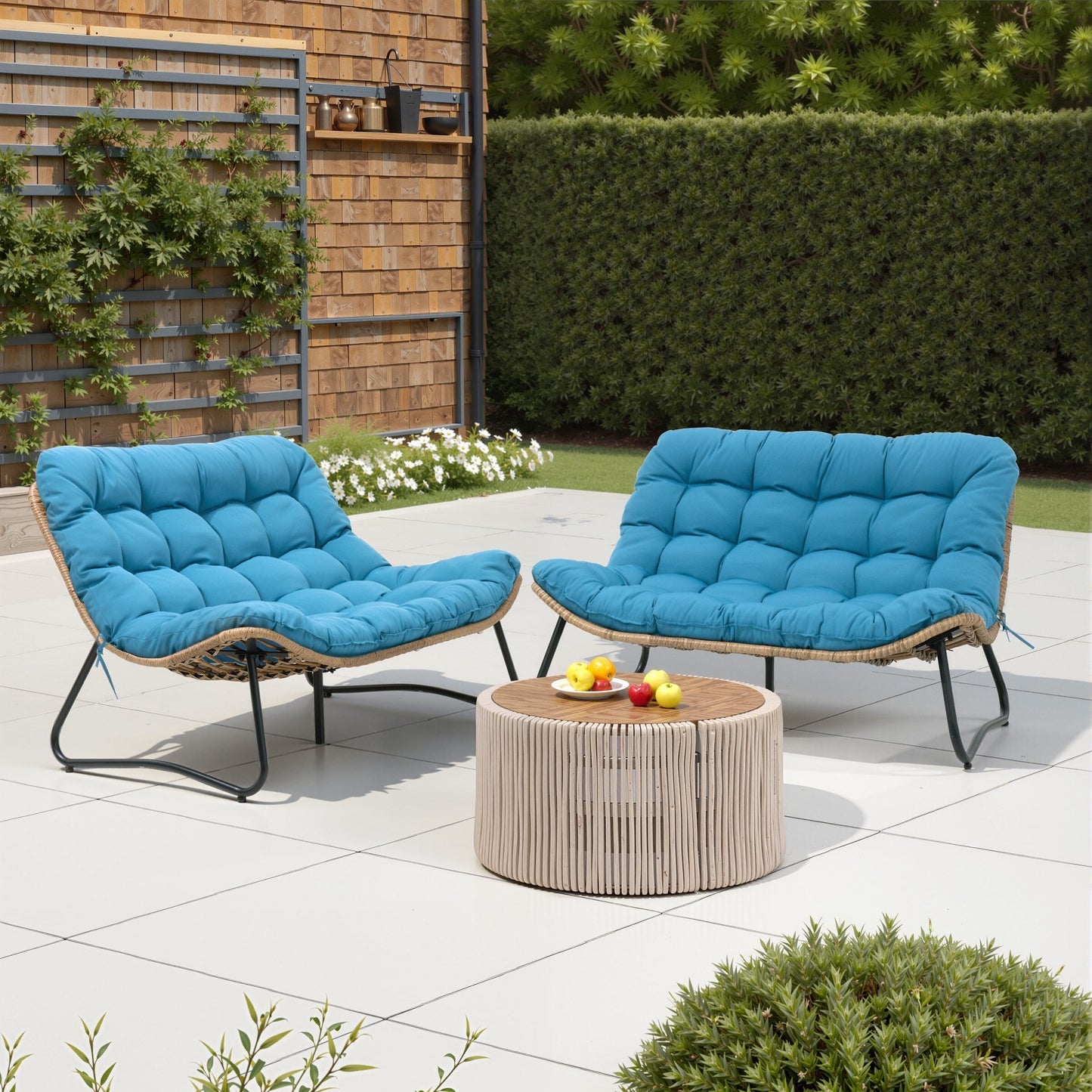 Double Papasan Chair Loveseat with Cushion, All-weather PE Rattan and Metal Frame for Indoor Outdoor