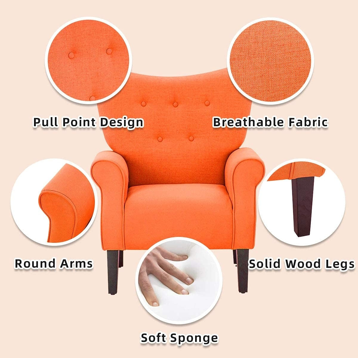 Erommy Modern Accent Chair, High Back Armchair, Upholstered Fabric Button Single Sofa with Wooden Legs for Living Room