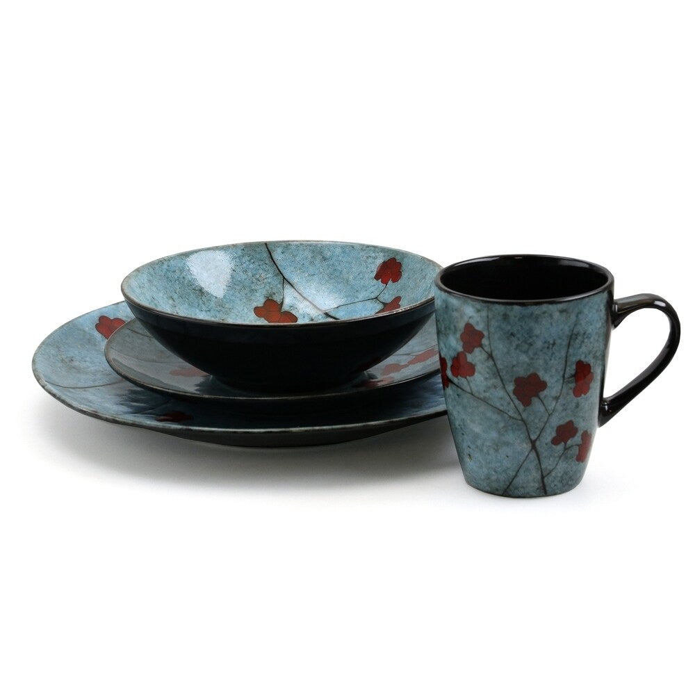 Elama Floral Accents 16 Piece Stoneware Dinnerware Set in Blue