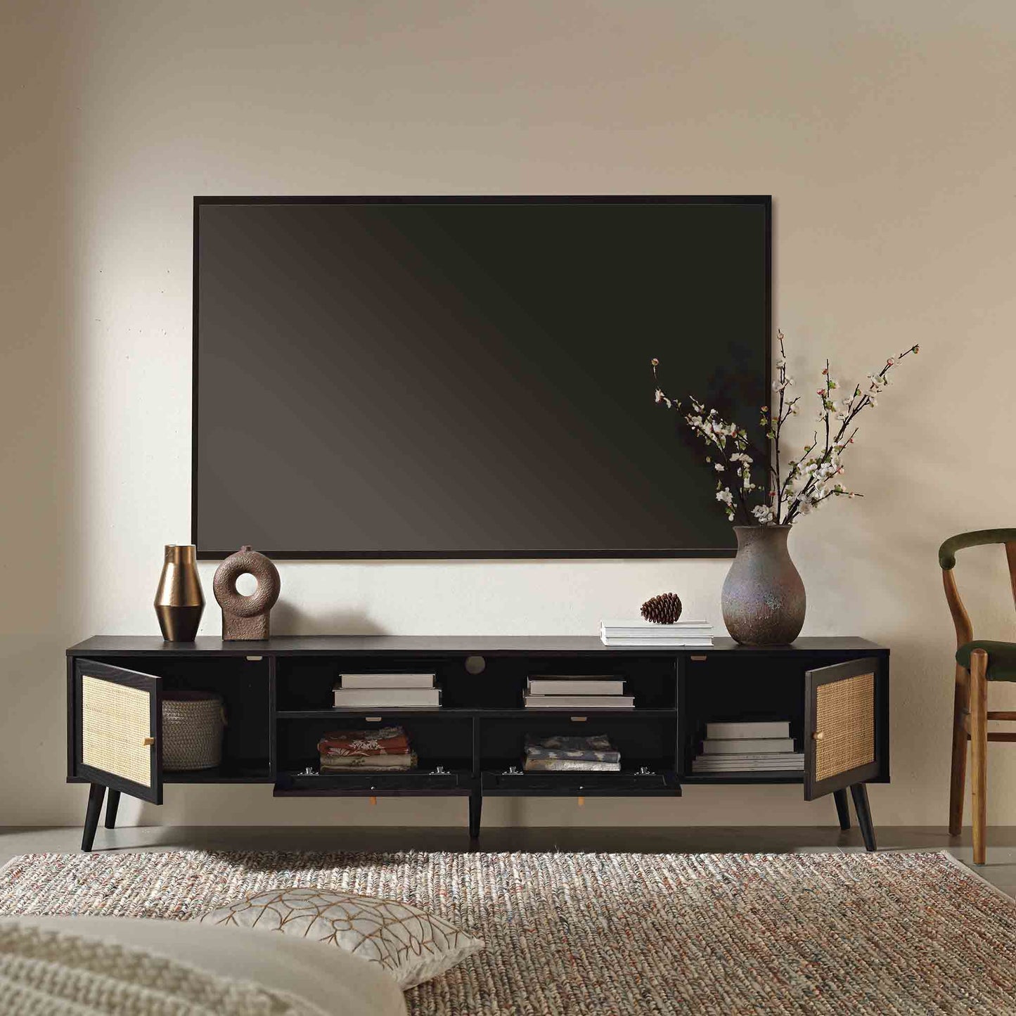 Frances Woven Rattan 200cm Wide TV Unit, Black