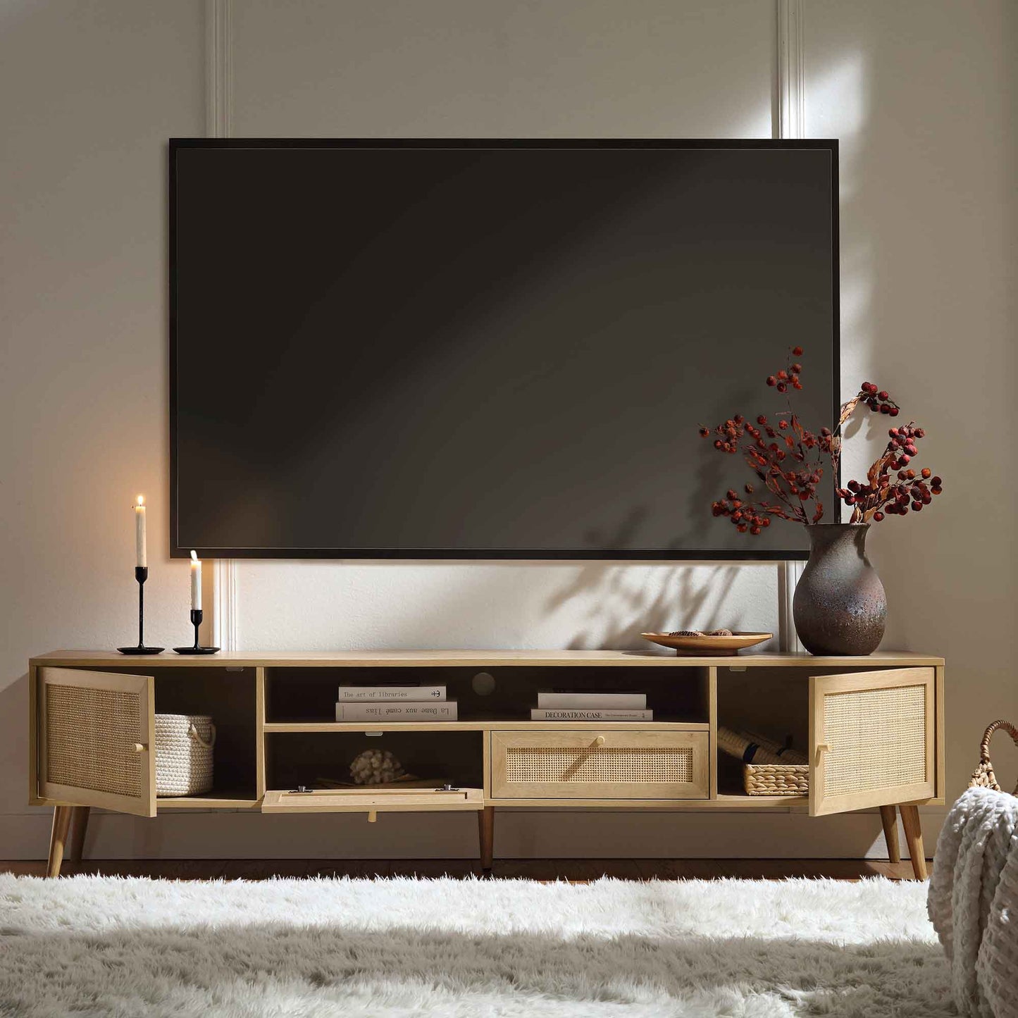 Frances Woven Rattan 200cm Wide TV Unit, Natural