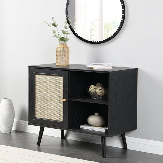 Frances Woven Rattan 1-Door Cabinet in Black