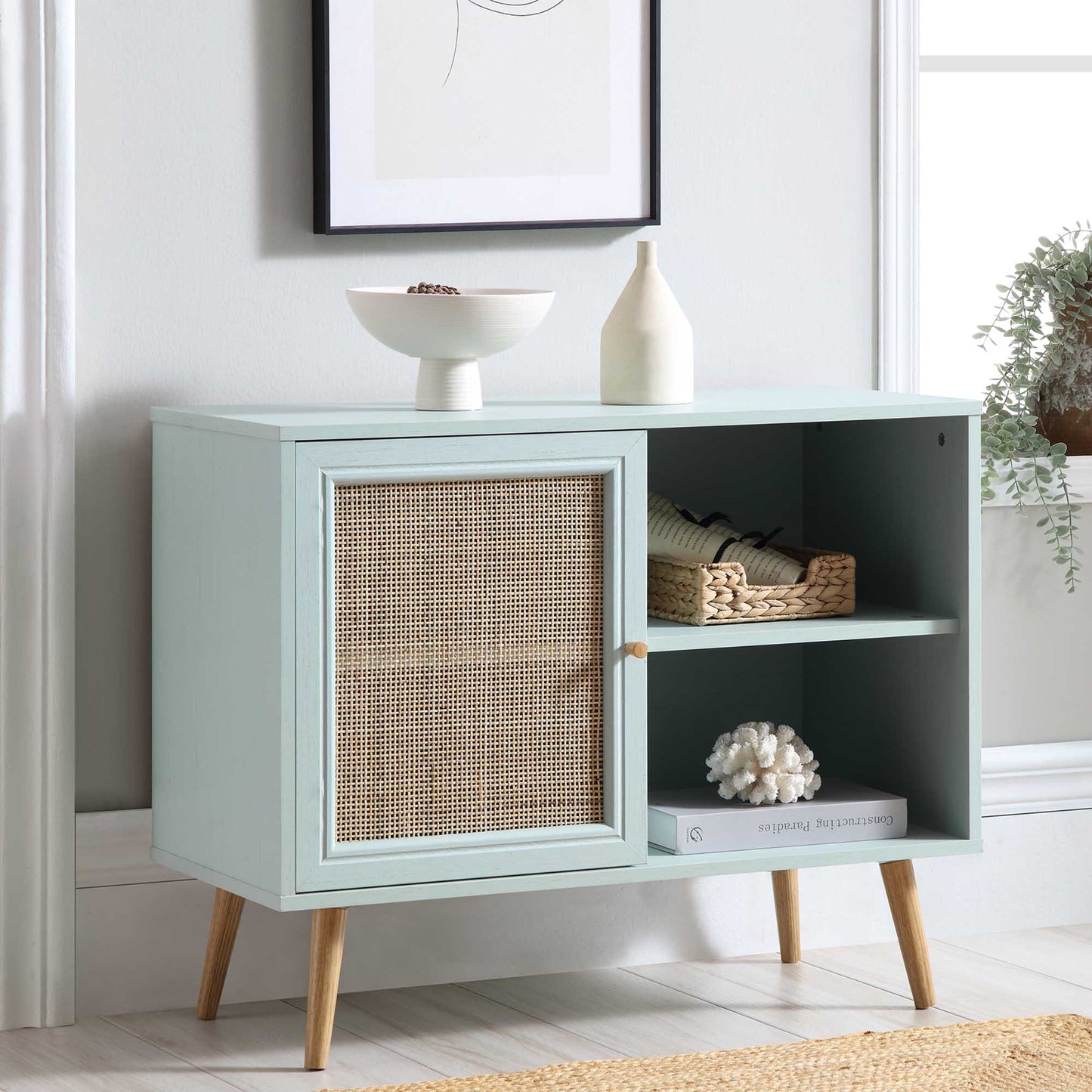 Frances Woven Rattan 1-Door Cabinet in Mint