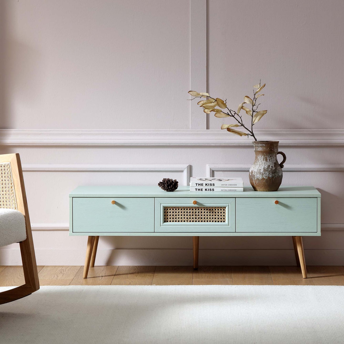 Anya Woven Rattan 3-Drawer TV Unit in Mint