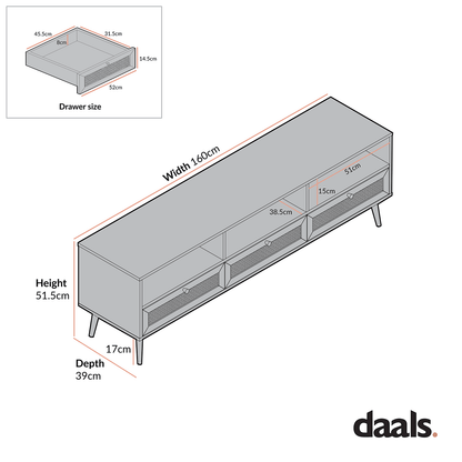 Frances Woven Rattan 160cm 3-Drawer TV Unit, Mint
