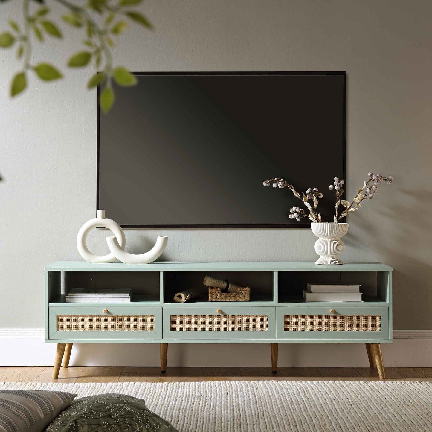 Frances Woven Rattan 160cm 3-Drawer TV Unit, Mint
