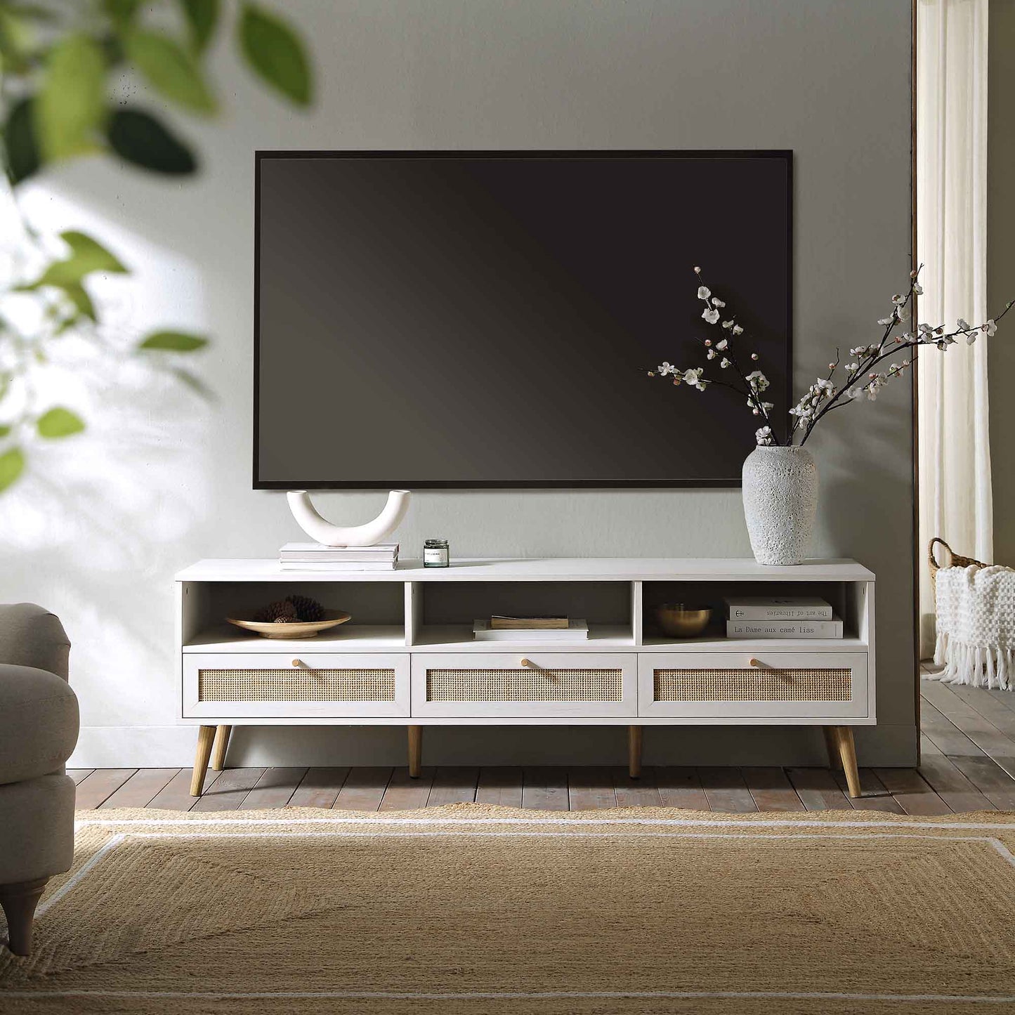 Frances Woven Rattan 160cm 3-Drawer TV Unit, White