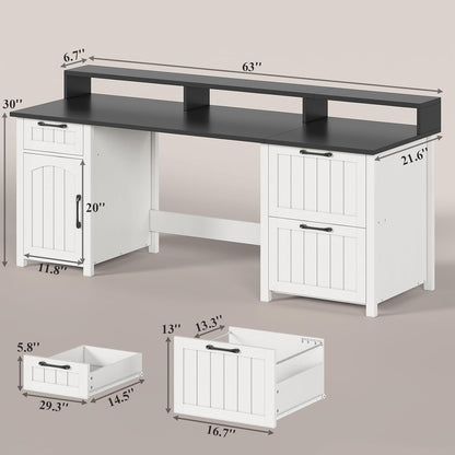 Farmhouse Executive Desk Home Office Desk File Drawer Monitor Stand Power Outlet