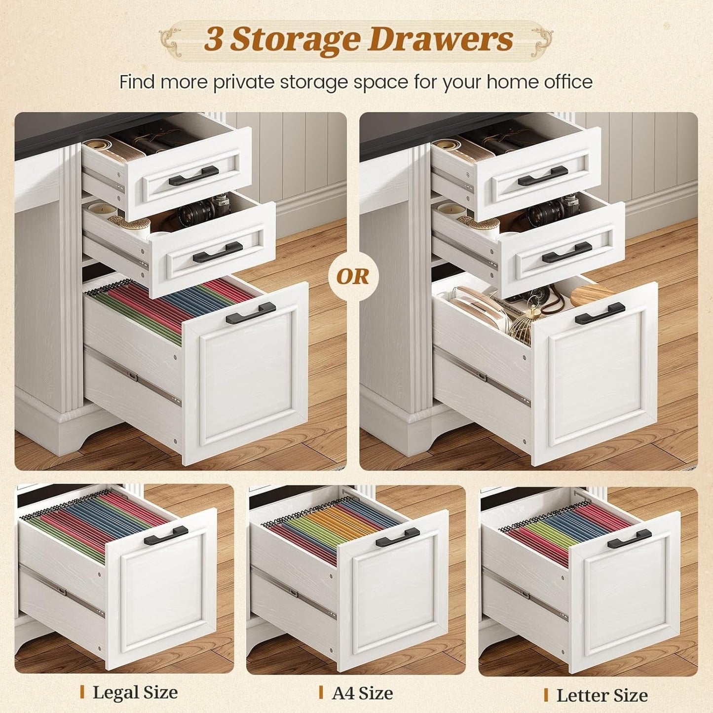 Farmhouse Executive Desk Home Office Desk File Drawer Monitor Stand Power Outlet