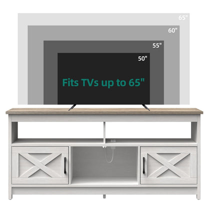Farmhouse TV Stand for up to 65 TV with Doors and Open Shelves Media Console Power Outlet