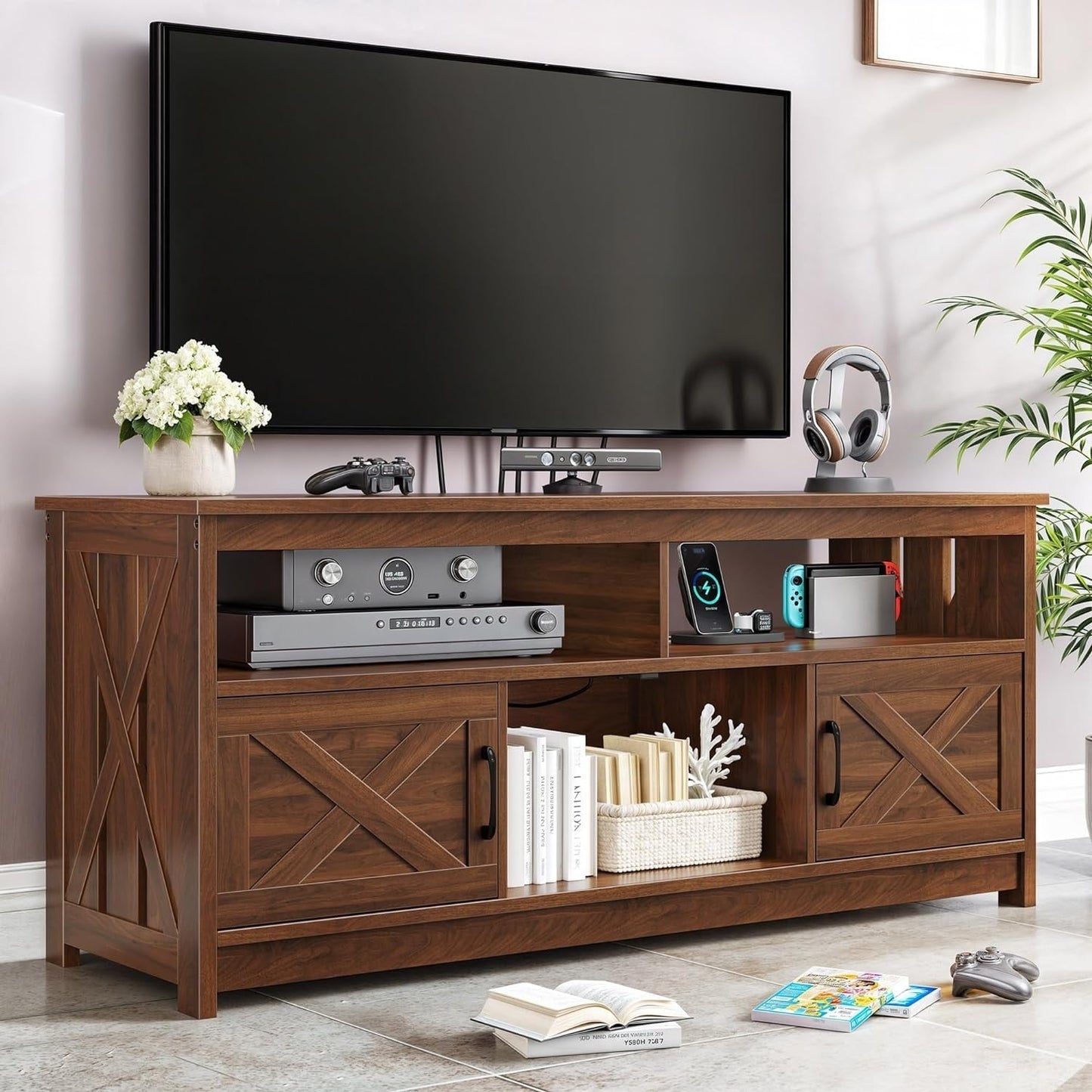 Farmhouse TV Stand for up to 65 TV with Doors and Open Shelves Media Console Power Outlet