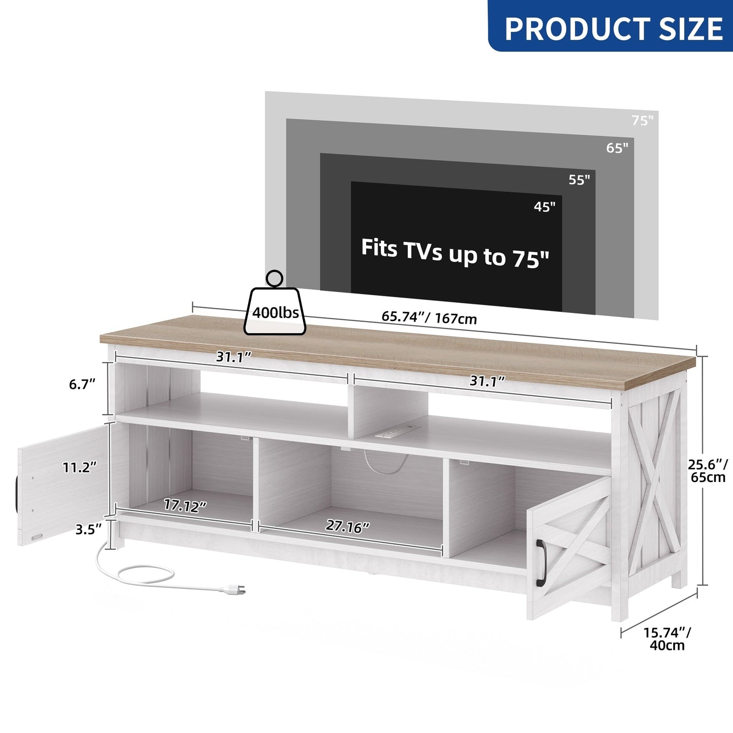 Farmhouse TV Stand for up to 65 TV with Doors and Open Shelves Media Console Power Outlet