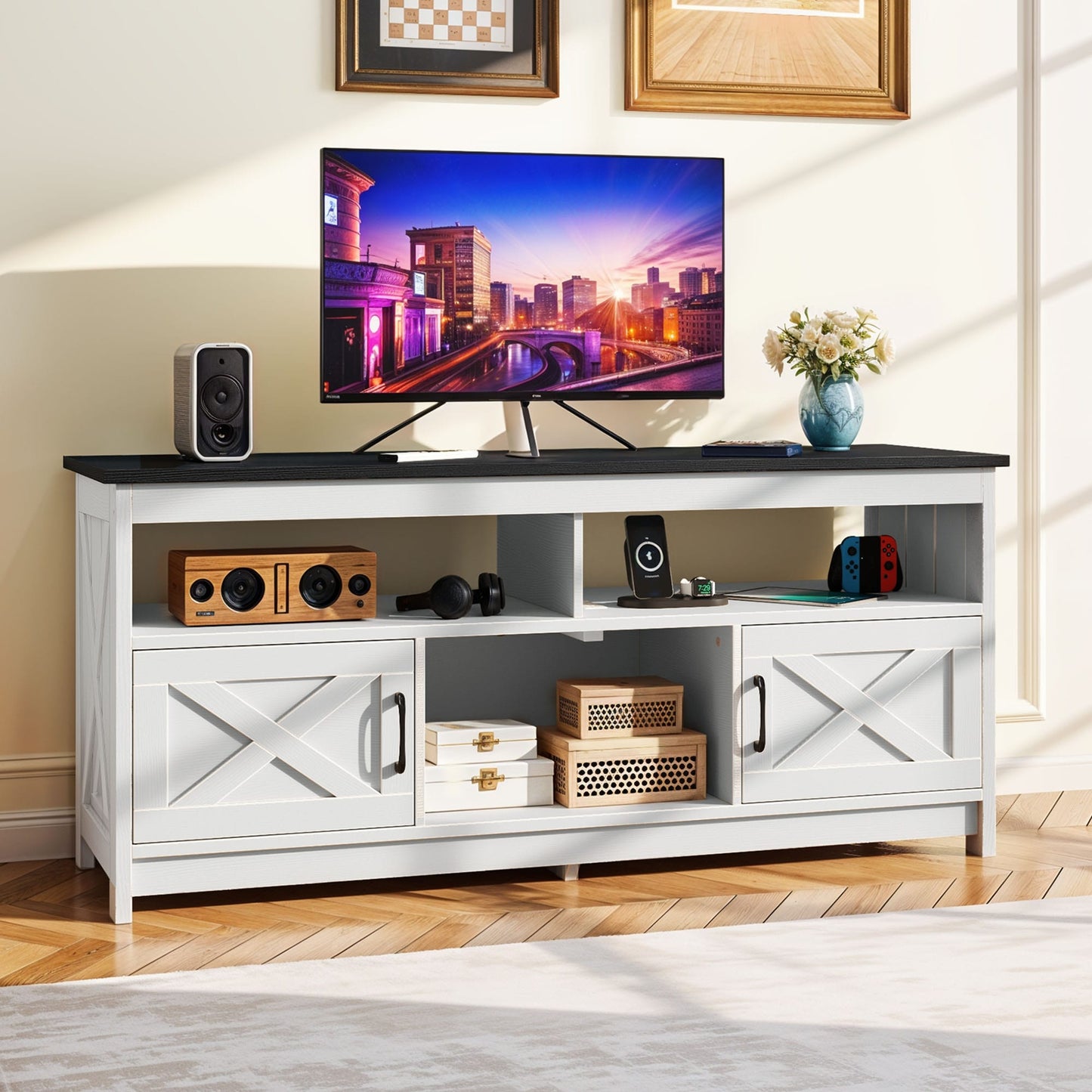 Farmhouse TV Stand for up to 65 TV with Doors and Open Shelves Media Console Power Outlet
