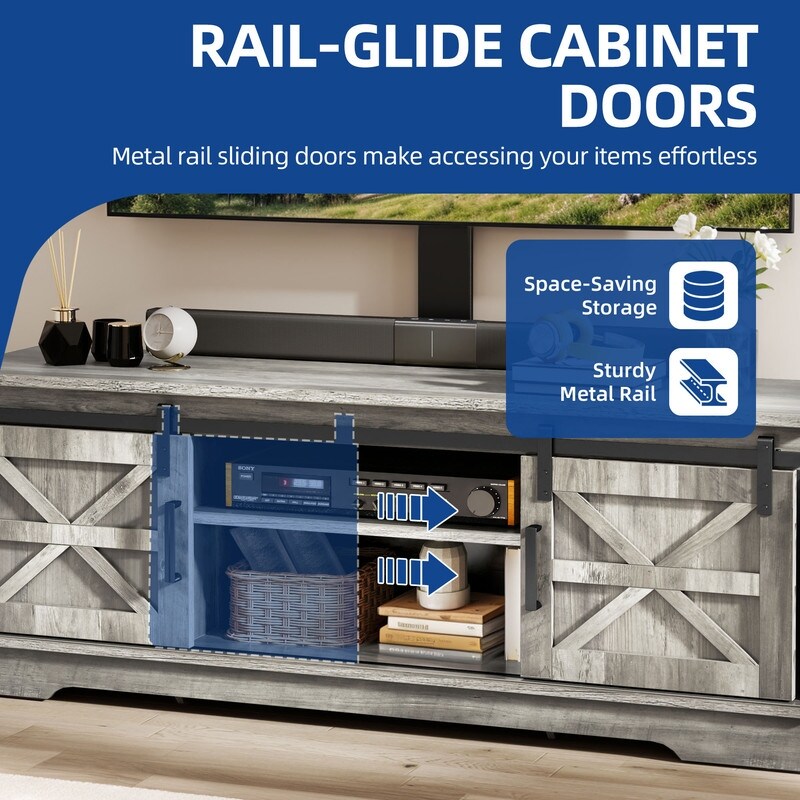 Farmhouse TV Stand for up to 65 TV with Doors and Open Shelves Media Console Power Outlet