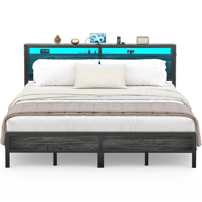 Farmhouse Wood Platform Bed Frame with Charged Station and LED Lights