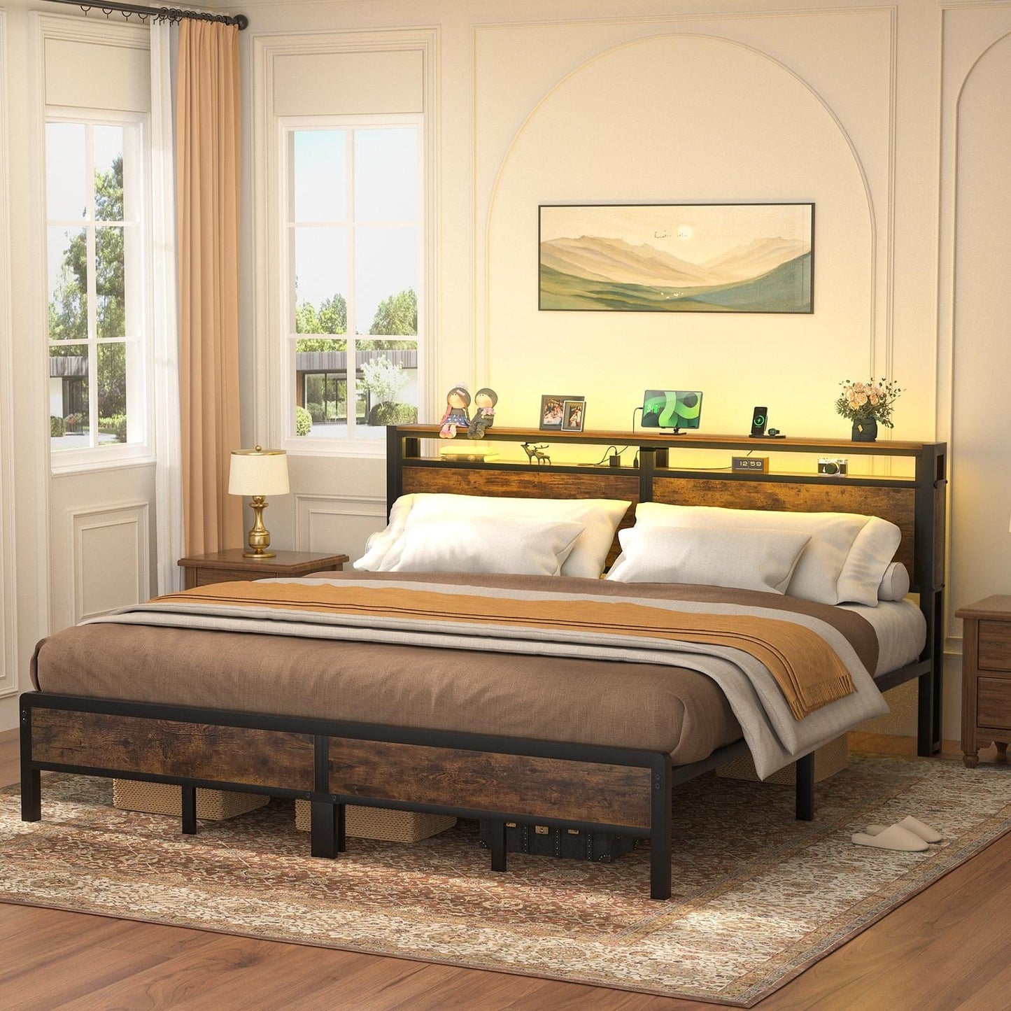 Farmhouse Wood Platform Bed Frame with Charged Station and LED Lights