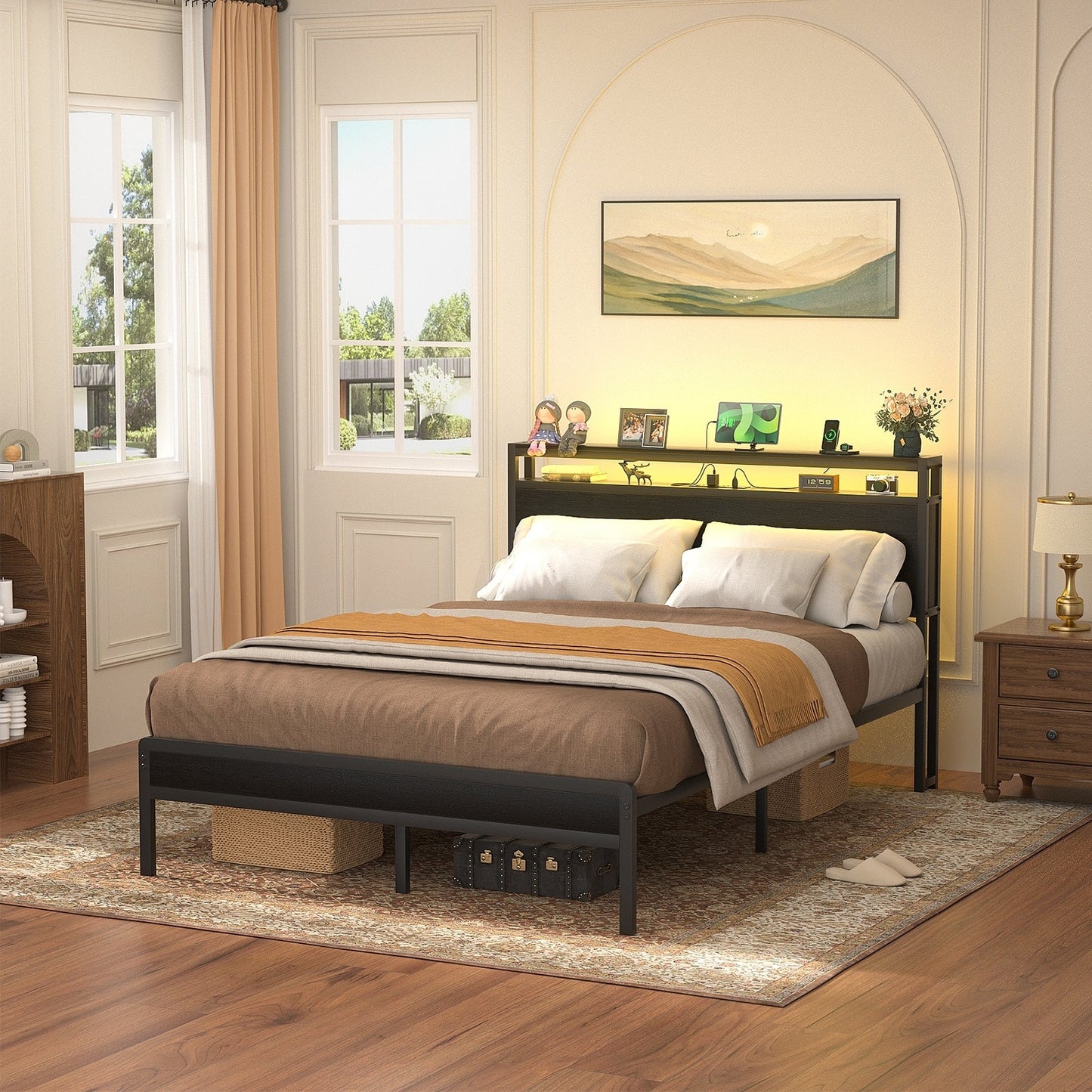 Farmhouse Wood Platform Bed Frame with Charged Station and LED Lights