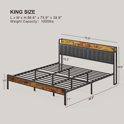 Twin / Full / Queen / King Size Metal Platform Bed Frame with Upholstered Storage Headboard