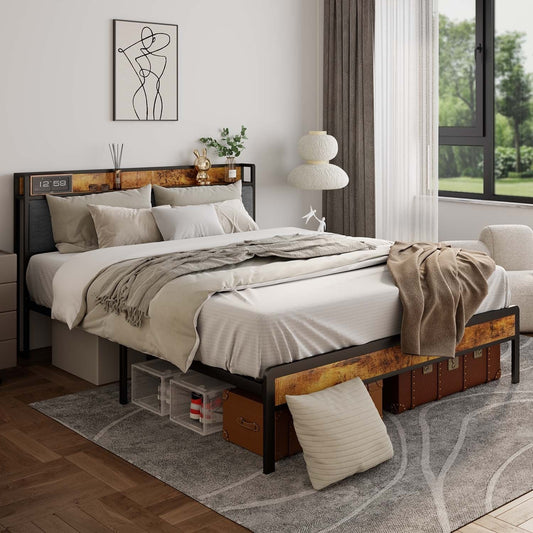 Twin / Full / Queen / King Size Metal Platform Bed Frame with Upholstered Storage Headboard