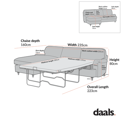 Daphnis Aegean Blue Velvet Sofa Bed, Grande Chaise Left Hand Facing