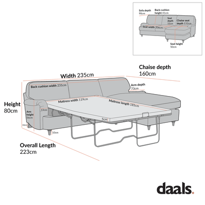 Daphnis Oatmeal Fabric Sofa Bed, Grande Chaise Right Hand Facing