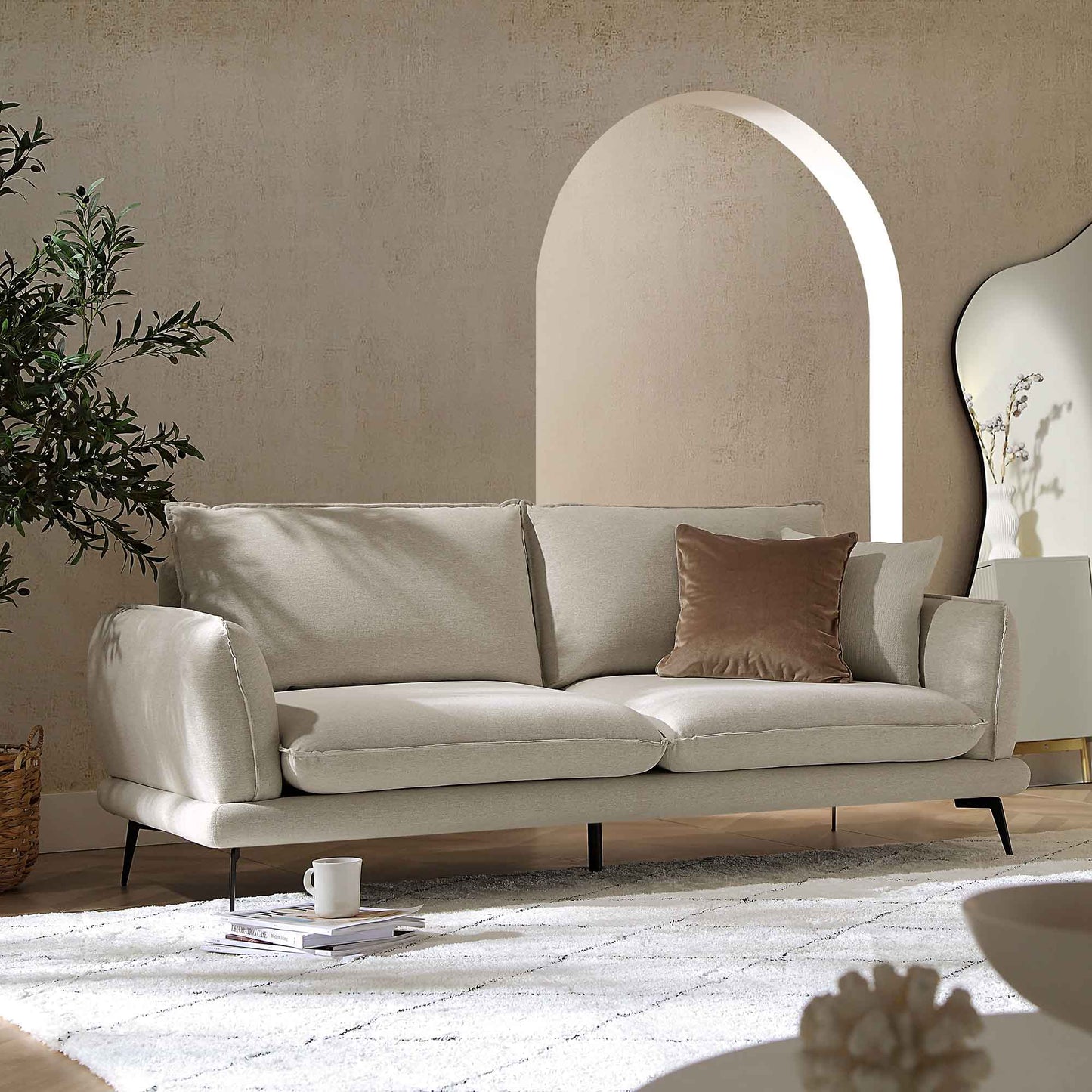 Obriel Oatmeal Fabric Sofa, 3-Seater