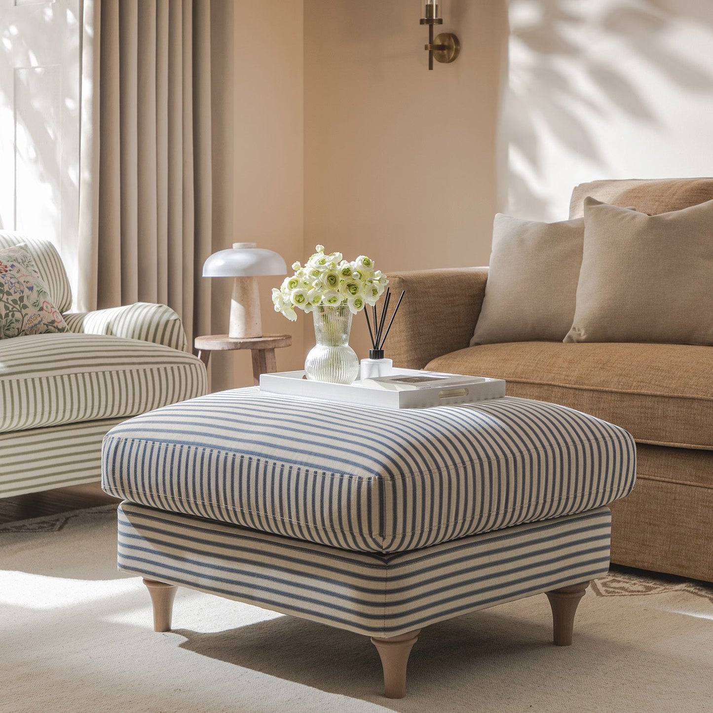 Daphnis Blue Striped Linen Blend Footstool
