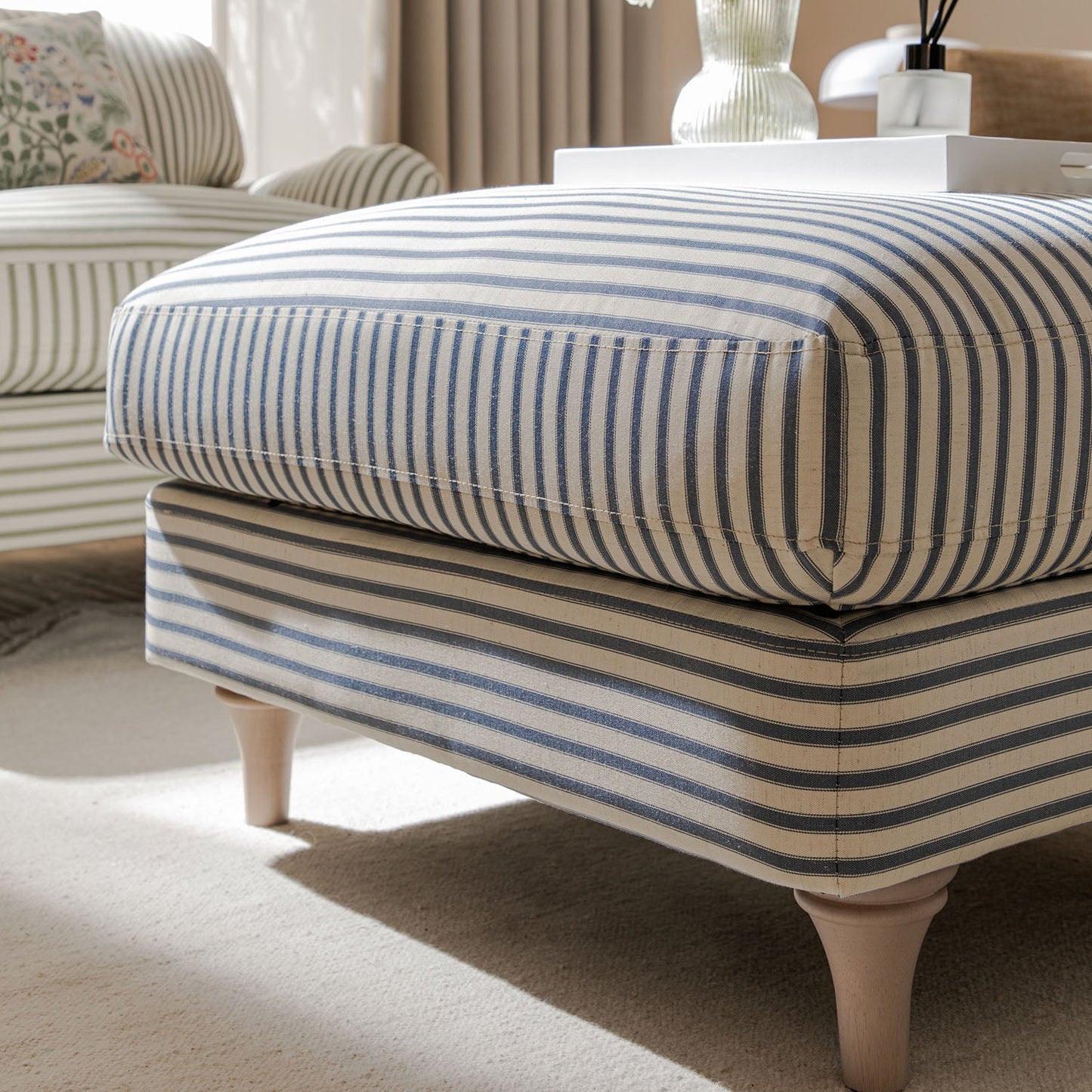 Daphnis Blue Striped Linen Blend Footstool
