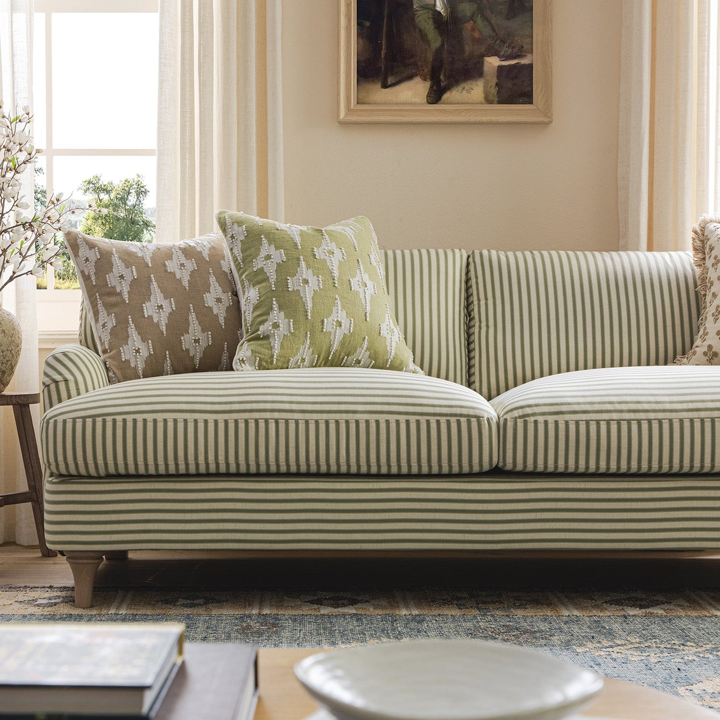 Daphnis Green Striped Linen Blend Sofa, 3-Seater