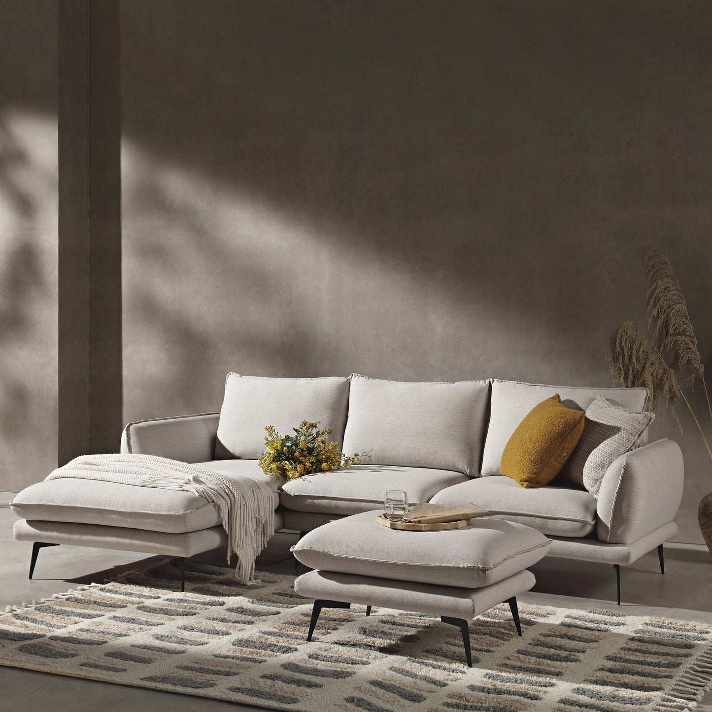 Obriel Oatmeal Fabric Sofa, Grande Chaise Sofa Left Hand Facing