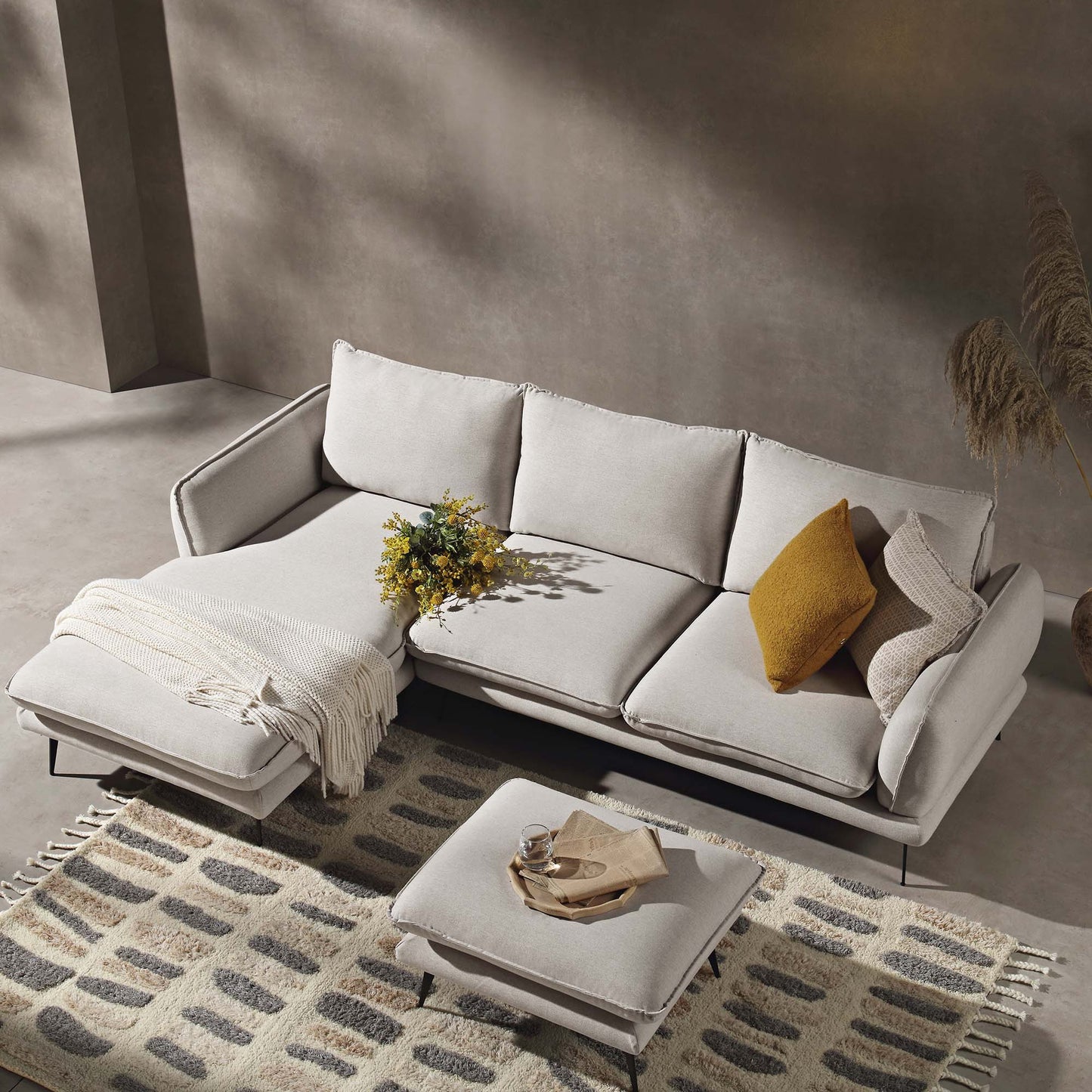 Obriel Oatmeal Fabric Sofa, Grande Chaise Sofa Left Hand Facing