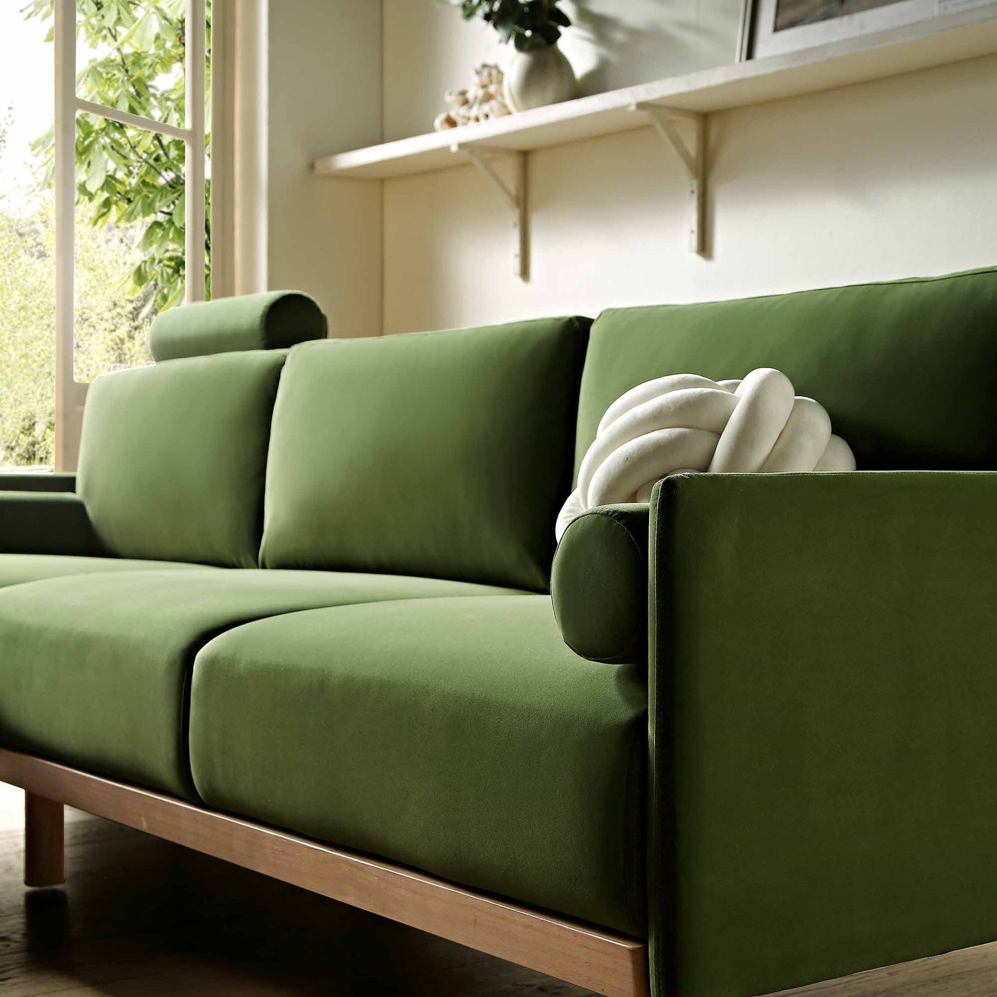 Timber Fern Green Velvet Sofa, Large 3-Seater Chaise Sofa Left Hand Facing