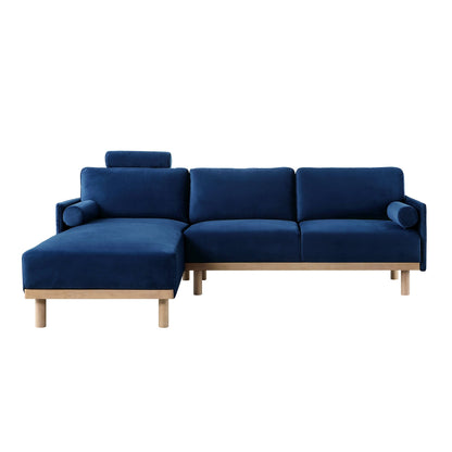Timber Navy Blue Velvet Sofa, Large 3-Seater Chaise Sofa Left Hand Facing