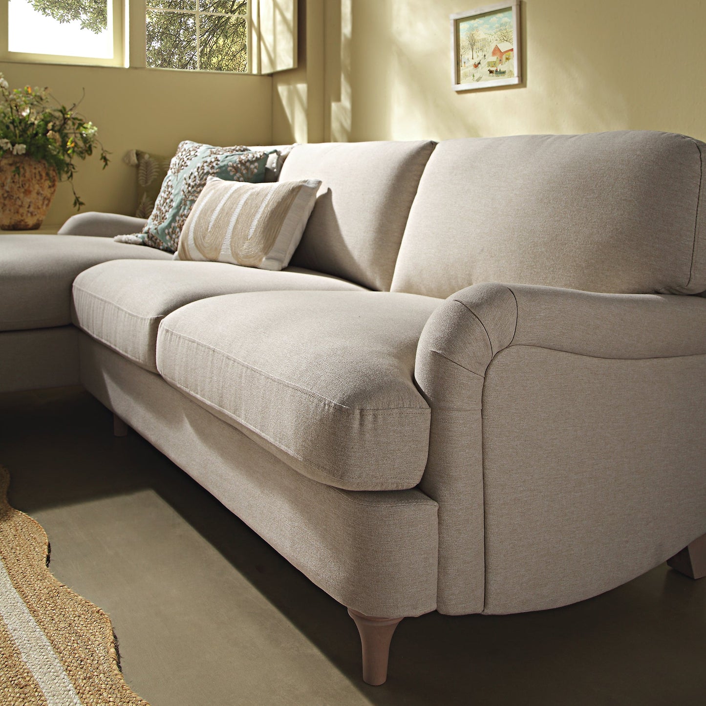 Daphnis Oatmeal Fabric Sofa, Grande Chaise Sofa Left Hand Facing
