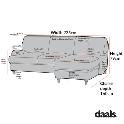 Daphnis Fudge Velvet Sofa, Grande Chaise Sofa Right Hand Facing